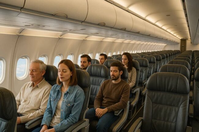 Cabina presurizada en un avión (cómo funciona y por qué es clave para volar seguro) Pasajeros sentados en un avión con la cabina presurizada durante un vuelo comercial.