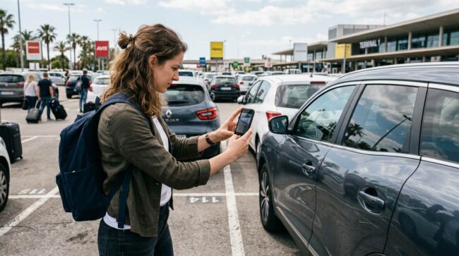 Viajera fotografiando un auto alquilado en el estacionamiento de un aeropuerto antes de retirarlo