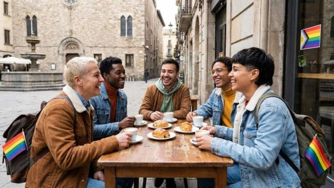 Grupo diverso de viajeros LGBT compartiendo un café en una ciudad europea con símbolos de orgullo.