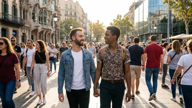 Pareja caminando de la mano en una ciudad europea durante un viaje de turismo LGBT.