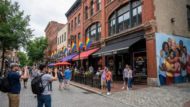 Calle emblemática con banderas arcoíris y bares LGBT en un destino clave del turismo rosa.