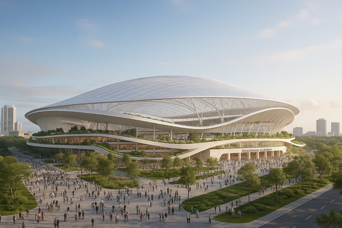 Render del nuevo estadio futurista de los Jacksonville Jaguars con diseño curvo, techo translúcido y áreas verdes en Jacksonville, Florida.