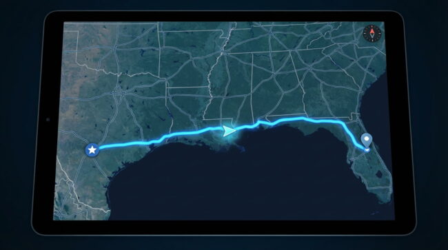 Mapa de ruta en carro de Texas a Florida con recorrido y distancia aproximada