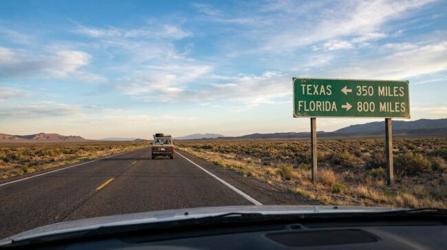 Carretera con señal de distancia entre Texas y Florida en viaje en carro