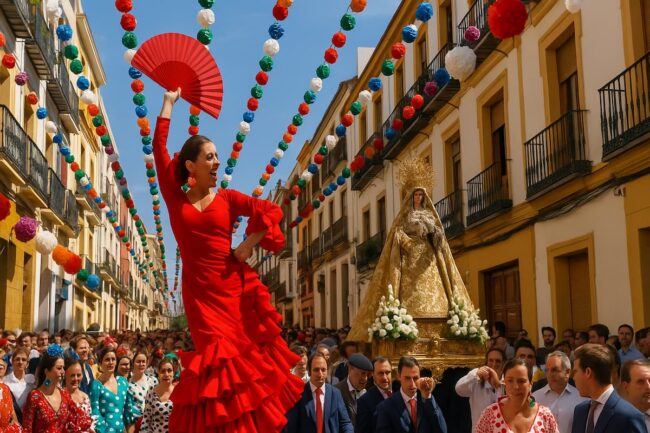 Personas celebrando en una tradicional fiesta española con trajes coloridos, música y baile en una plaza al aire libre