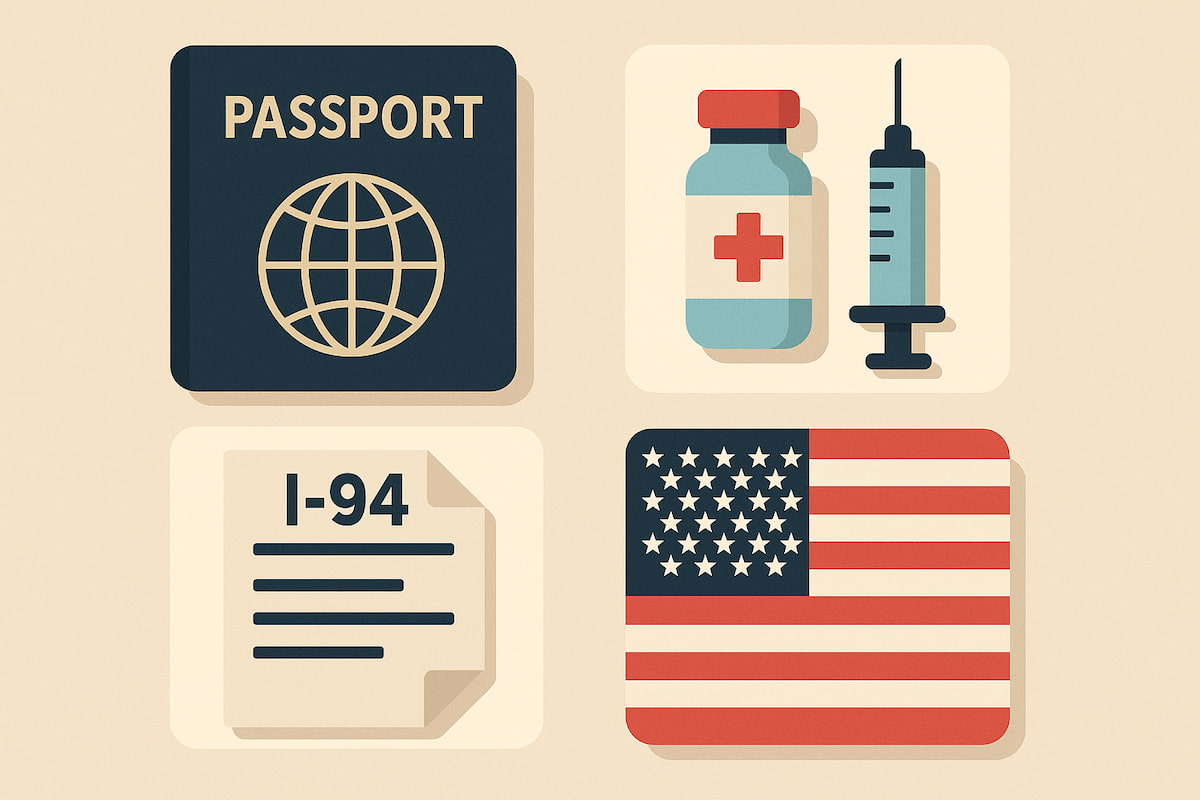 Ilustración con pasaporte, vacunas, formulario I-94 y bandera de Estados Unidos