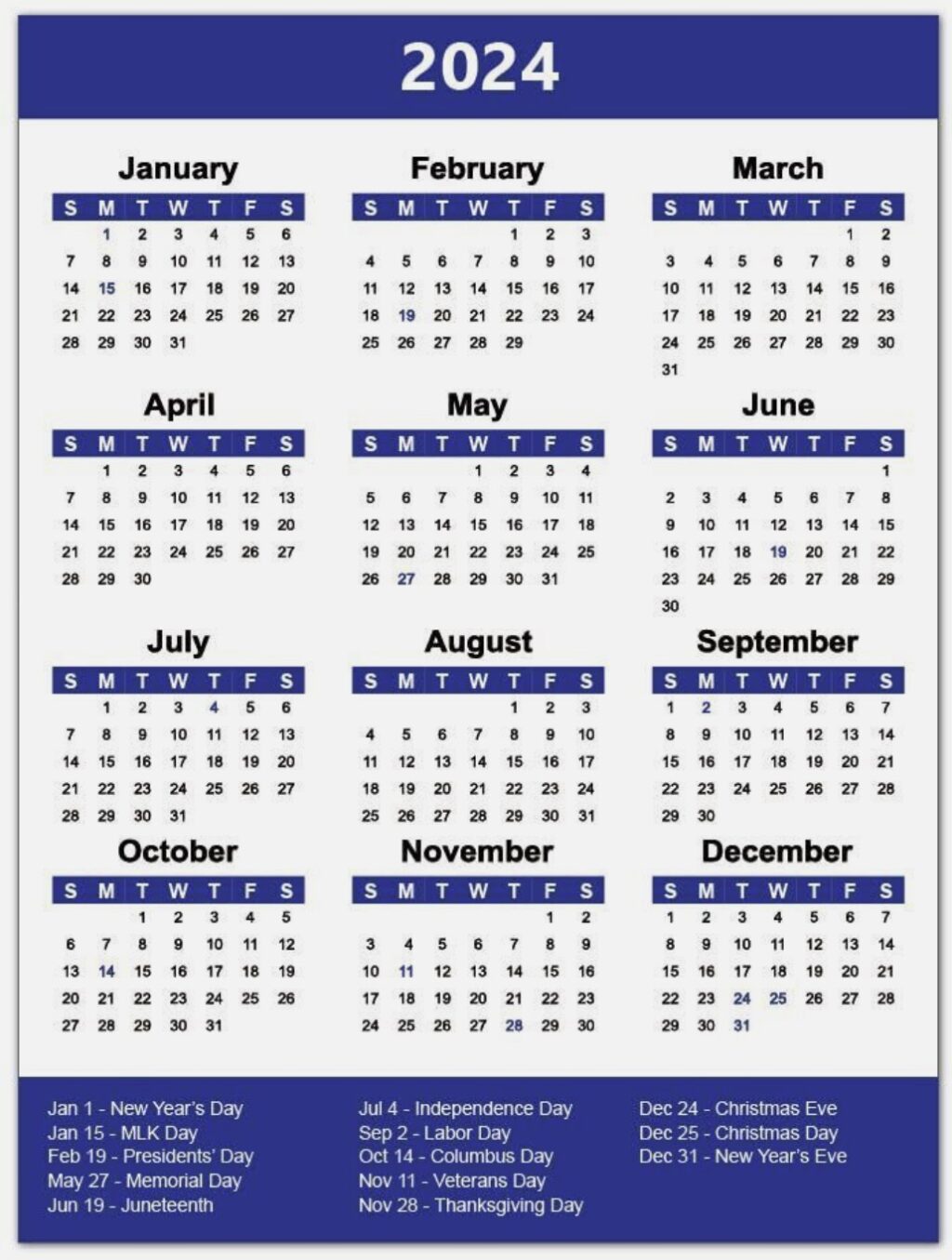 Calendario oficial de días festivos en Estados Unidos de 2024