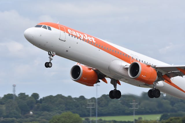 Avión de easyJet despegando en un aeropuerto con cielo nublado.