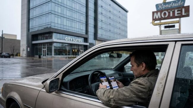 Hotel o motel: diferencias clave y cuál conviene elegir según el viaje Viajero comparando hotel y motel desde el auto frente a un motel de carretera y un hotel urbano.