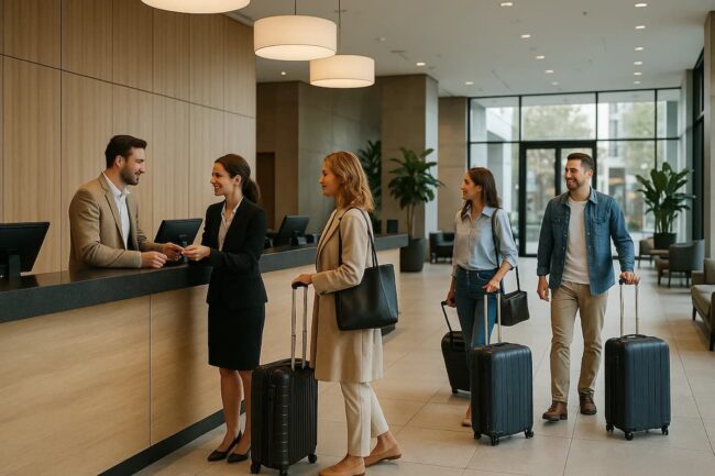 Recepción de un hotel con huéspedes realizando el check-in y equipaje de viaje