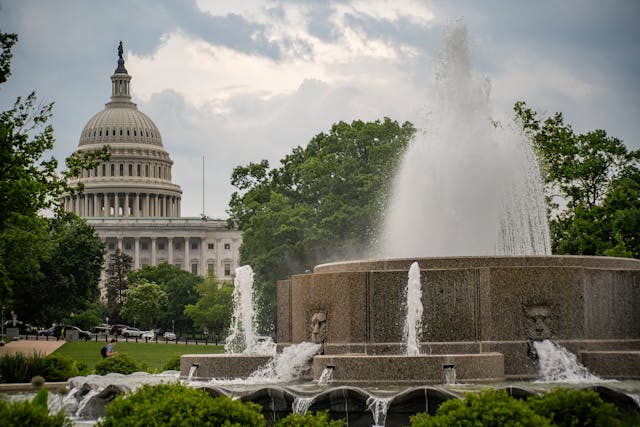 Vista del Capitolio de Estados Unidos con una fuente en primer plano, rodeado de árboles y jardines.