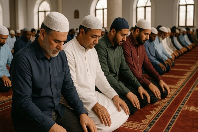 Fieles musulmanes rezando en el interior de una mezquita.