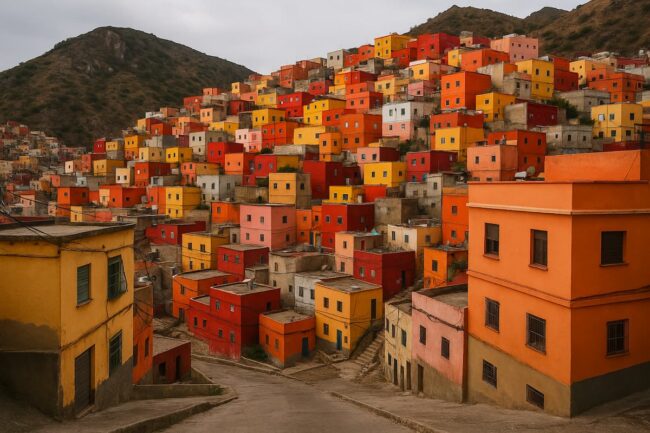 Barrio El Príncipe en Ceuta, España. Vista panorámica del barrio El Príncipe en Ceuta, con casas de colores apiladas en una ladera.