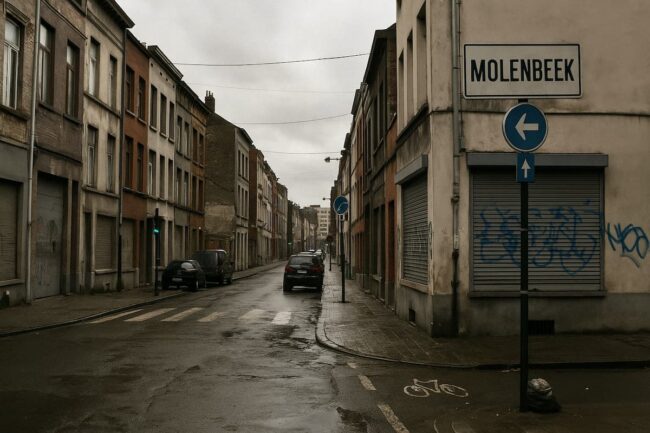 Calle gris y vacía en Molenbeek, Bélgica, con edificios deteriorados y cielo nublado.