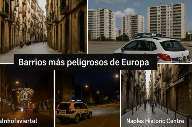 Barrios más peligrosos de Europa: guía 2025 para viajar con precaución. Collage editorial con imágenes de El Raval, Quartiers Nord, Bahnhofsviertel, Rosengård y el centro histórico de Nápoles, barrios considerados peligrosos de Europa.