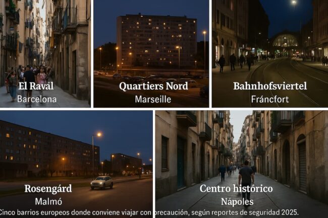 Barrios peligrosos de Europa: ciudades donde conviene viajar con precaución. Collage de cinco barrios europeos donde conviene viajar con precaución: El Raval (Barcelona), Quartiers Nord (Marsella), Bahnhofsviertel (Fráncfort), Rosengård (Malmö) y el centro histórico de Nápoles.