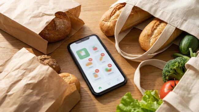 Celular con la app Cheaf rodeado de pan y verduras rescatadas con descuento para evitar el desperdicio de alimentos.