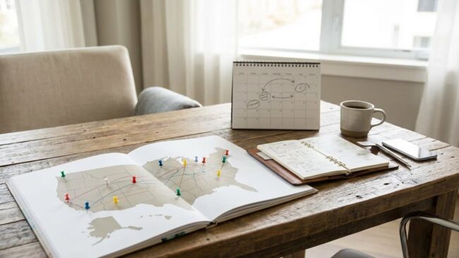 Planificación de viajes en Estados Unidos con mapa, calendario 2026 y organización de feriados.