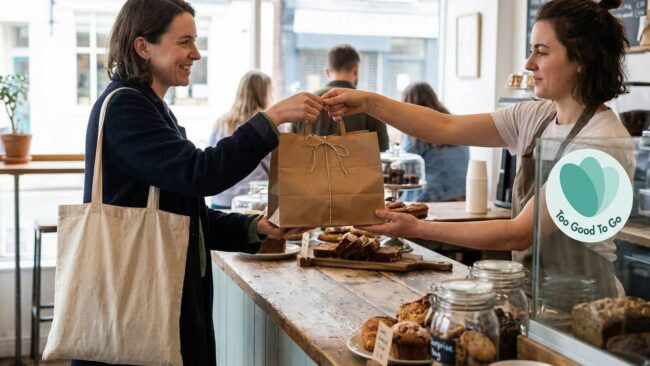Cliente retirando una bolsa de alimentos con descuento en un comercio adherido a Cheaf App.
