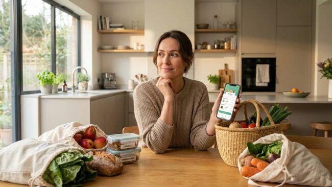 Usuaria mostrando la app Cheaf en el celular con alimentos rescatados con descuento en casa.