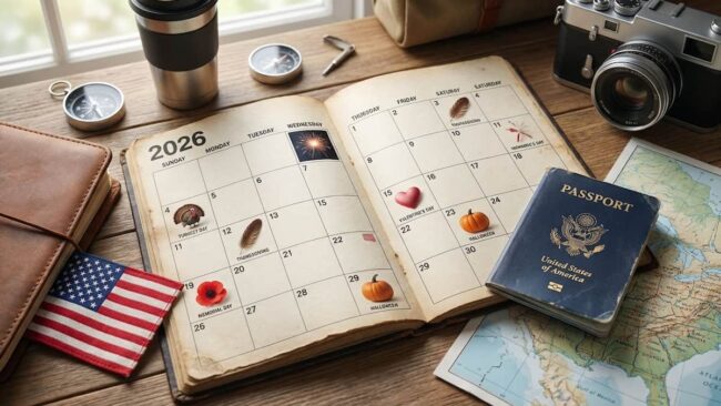 Calendario 2026 con feriados de Estados Unidos, pasaporte y símbolos de celebraciones nacionales.
