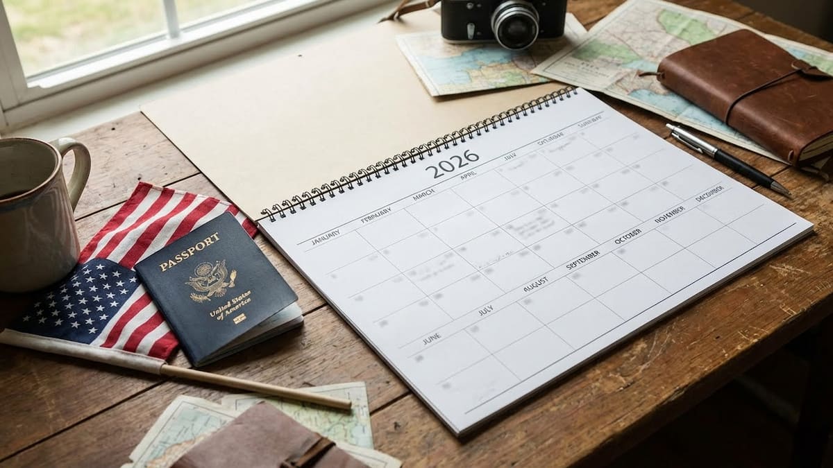 Calendario 2026 con pasaporte de Estados Unidos y planificación de viajes según feriados oficiales.