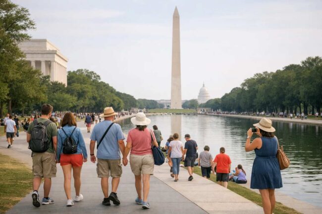 Turistas caminando en Washington D.C. durante un feriado en Estados Unidos frente al Monumento a Washington.