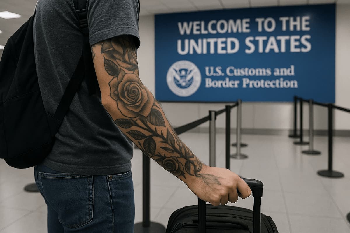 Viajero con tatuajes en el brazo esperando en el control de inmigración de Estados Unidos, ilustrando las restricciones de entrada por tatuajes visibles.
