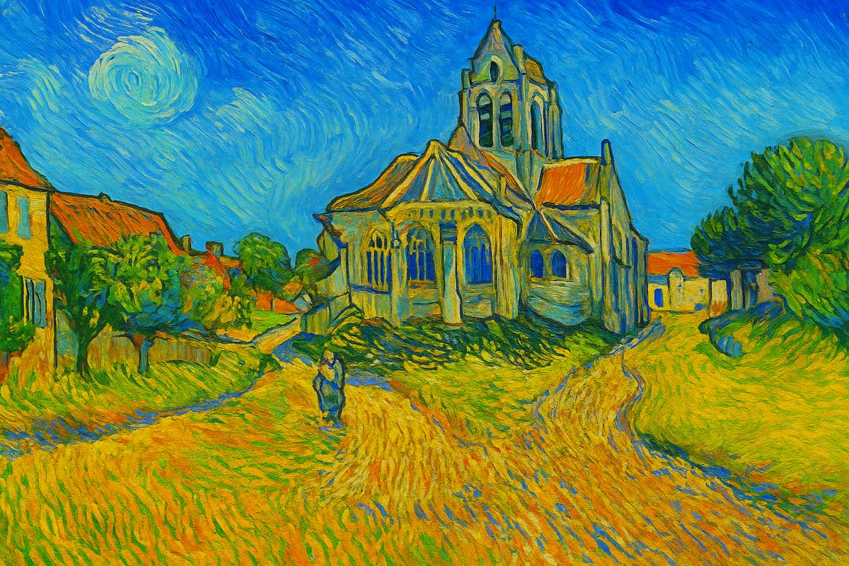 Pueblo de Auvers-sur-Oise inspirado en el estilo de Vincent van Gogh, con calles empedradas, casas antiguas y luz dorada al atardecer.