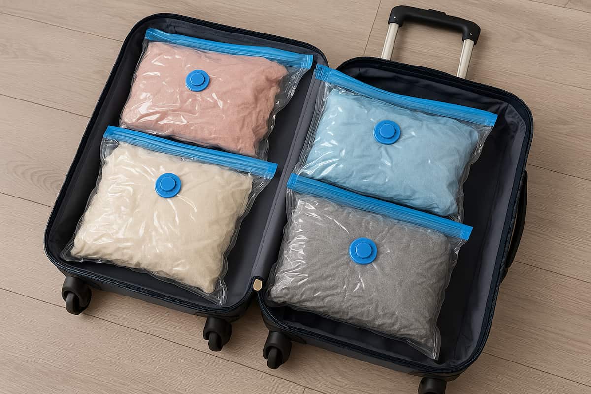 Ropa comprimida en bolsas de vacío dentro de una maleta de viaje.