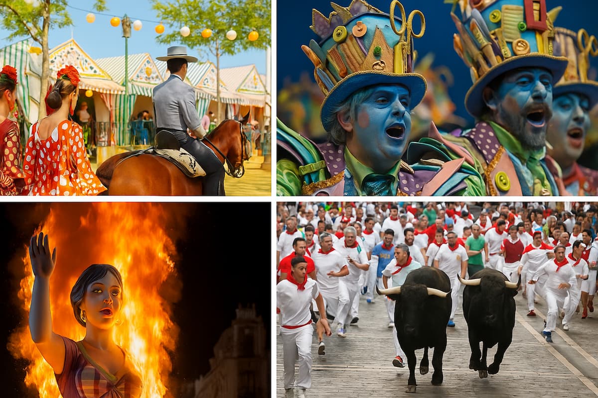 Collage de las fiestas más emblemáticas de España con escenas de la Feria de Abril en Sevilla, el Carnaval de Cádiz, Las Fallas de Valencia y los Sanfermines de Pamplona.