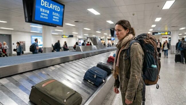 Viajera esperando su equipaje en la cinta del aeropuerto tras un vuelo retrasado.