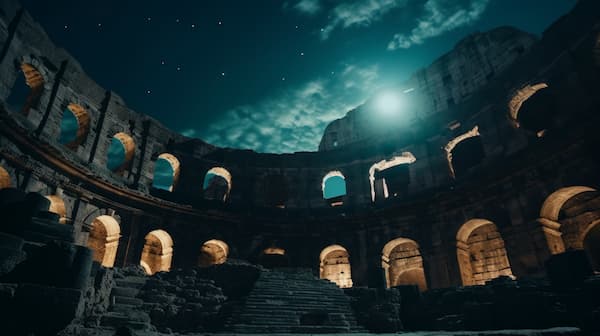 galerias del coliseo romano iluminadas