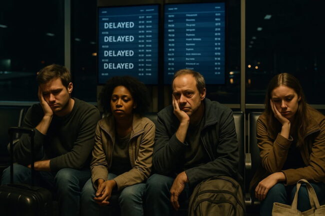 Pasajeros agotados esperando en el aeropuerto frente a pantallas con vuelos retrasados durante la noche.