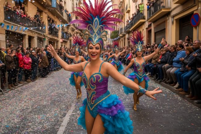 Desfile colorido de los carnavales de España con disfraces, música y alegría en las calles.