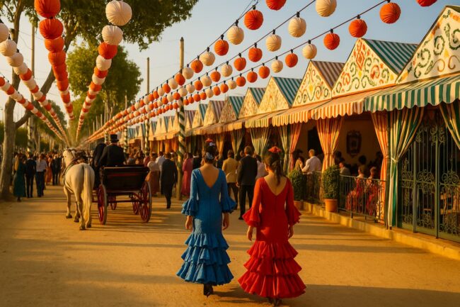 Imagen de la Feria de Sevilla con caballos, trajes flamencos, casetas y farolillos en un ambiente festivo bajo el sol andaluz.