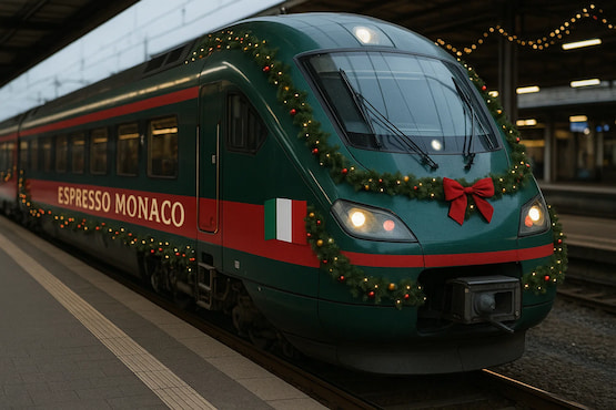 Tren Espresso Mónaco decorado con luces navideñas en una estación de Italia.