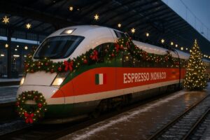 Tren Espresso Mónaco decorado para Navidad en Italia, conecta Roma y Múnich.