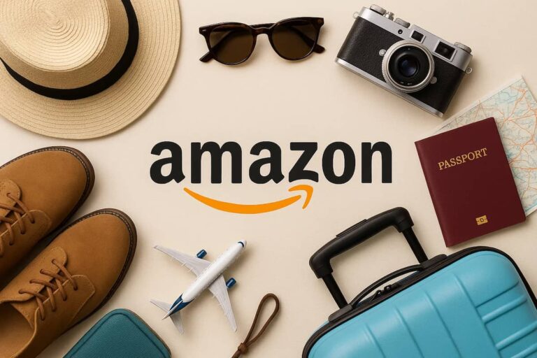 Accesorios de viaje alrededor del logo de Amazon: pasaporte, cámara, maleta y sombrero