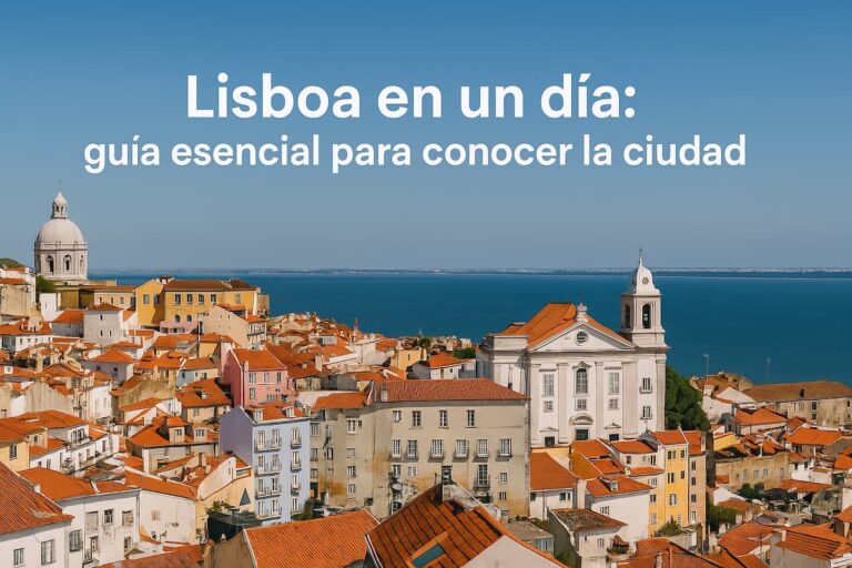 Panorama del barrio de Alfama en Lisboa con casas de techos rojos y el río Tajo al fondo en un día despejado.