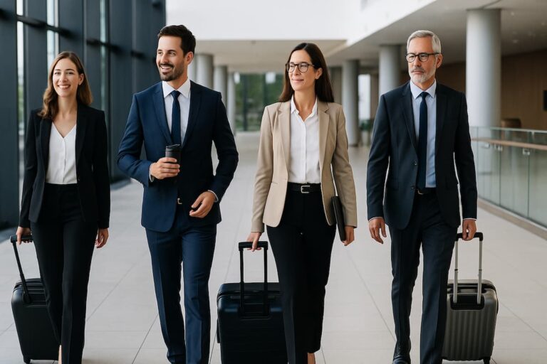 Ejecutivos y ejecutivas con maletas caminando por un aeropuerto, viajeros de negocios en turismo MICE