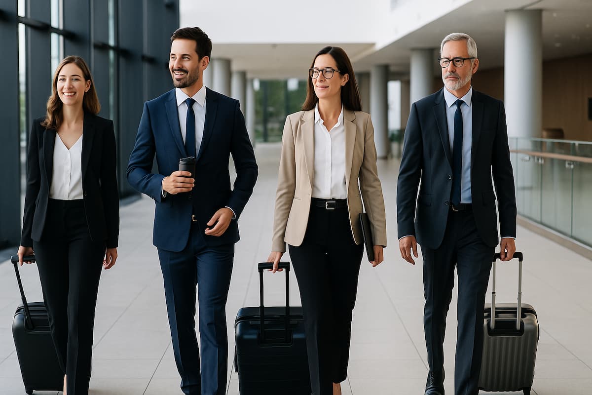 Ejecutivos y ejecutivas con maletas caminando por un aeropuerto, viajeros de negocios en turismo MICE