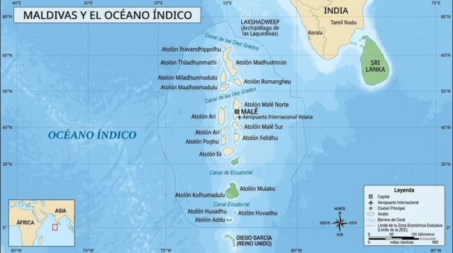 Dónde quedan las Islas Maldivas: ubicación en el mapa Mapa de las Islas Maldivas en el océano Índico, al suroeste de India y Sri Lanka