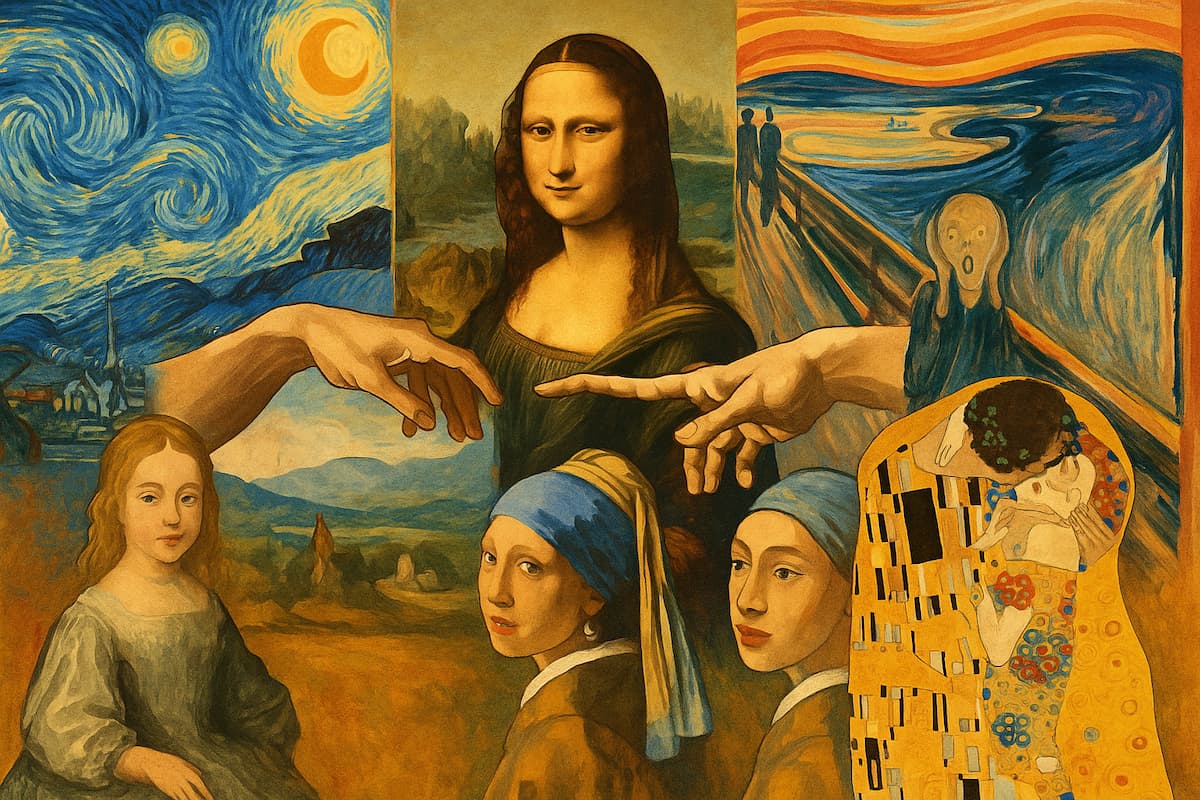 Collage artístico con representaciones de pinturas icónicas del mundo, como La Mona Lisa, La Noche Estrellada y El Grito, en un estilo ilustrativo y colorido.