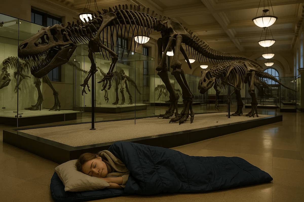 Mujer durmiendo en un saco de dormir dentro de un museo de historia natural, junto a esqueletos de dinosaurios, una experiencia turística innovadora.