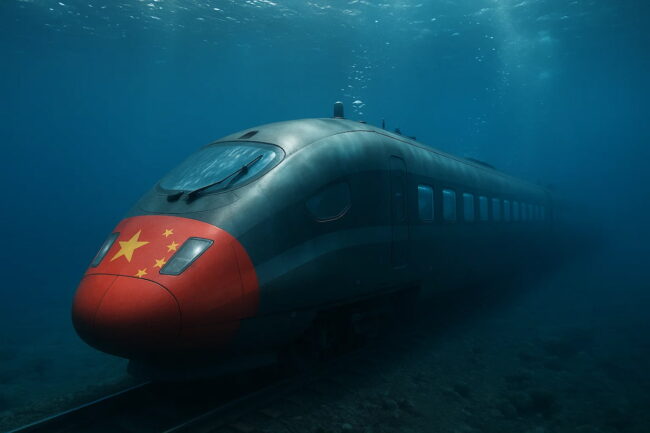 Tren de alta velocidad chino circulando por un túnel submarino en un proyecto de infraestructura avanzada.