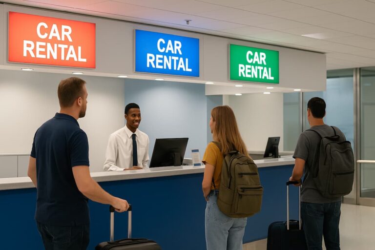 Mostrador de renta de autos en un aeropuerto con viajeros esperando atenci&oacute;n