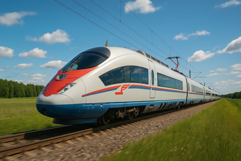 Tren de alta velocidad avanzando por el campo brasileño bajo un cielo azul, símbolo del nuevo proyecto ferroviario en América Latina.