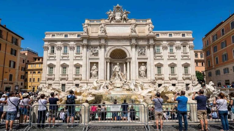 Fontana di Trevi en Roma con turistas y vallas de control ante la futura entrada paga.