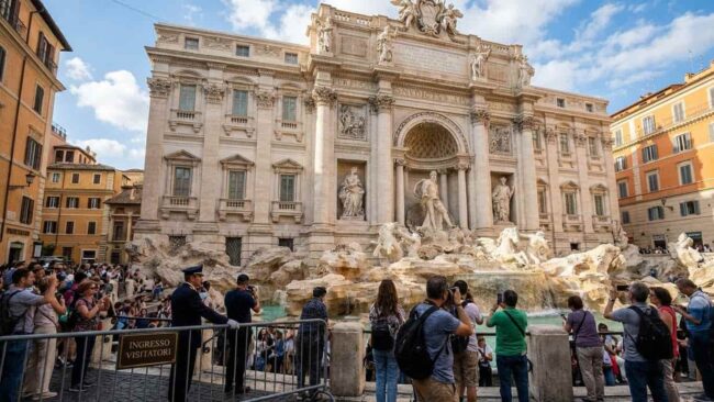 Turistas frente a la Fontana di Trevi en Roma con controles de acceso para visitantes.